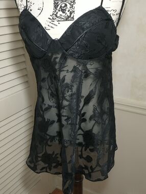 Black Sheer Chiffon Satin Floral Top, Size Large, Padded Bra, Adjustable